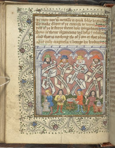 Přidat 10302 fol.32v Alchymisté Geber (800 nebo 900 n. l.), Arnold z Villanovy, Rhasis a Hermes Trismegistus, z 