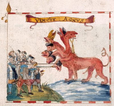 Přidat. 12447, f.23v Parlamentní vojáci útočící na bestii z Apokalypsy, z 