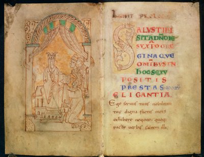Add 33241 ff.1v-2 Královna Emma manželka Ethelreda II a Cnut obdrží knihu od jejího autora; Text s velkým „S“. od English School