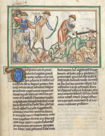 Přidat 35166 f.35 Zabití lidé, biblické scény z Apokalypsy sv. Jana, Apokalypsa v latině s komentářem (inkoust a barva na pergamenu) od English School