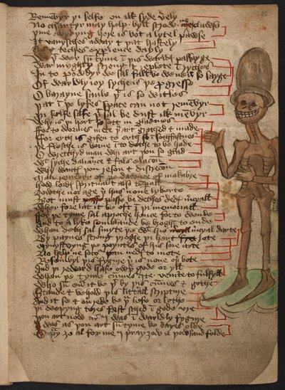 Přidat 37049 f.32 Okrajový obrázek šklebící se kostry, která mává a nosí vysoký klobouk, ilustrující „Úsvit Makabre“ cca 1460-1500 (inkoust a barva na pergamenu) od English School