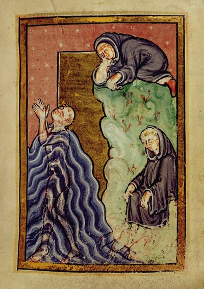 Přidat 39943 f.24 St. Cuthbert se modlí v moři pozorovaný mnichem a má nohy vysušené mořskými vydrami, z „Života a zázraků svatého Cuthberta“ od Bede, latinsky (Durham) (vellum) od English School
