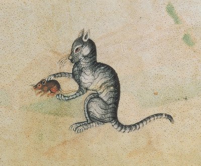 Přidat 42130 f.190 Kočka domácí hrající si s myší z Luttrellského žaltáře, který začal před rokem 1340 pro sira Geoffreyho Luttrella (1276-1345) (detail 55684) od English School
