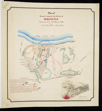 Přidat. 57717, deska 14, „Plán pozemku pokrytý akcí Waireka, Taranaki N.Z., 28. března 1860 (pero & inkoust & akvarel na papíře) od English School