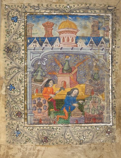 Přidejte MS 10302 f.37v f. 1r Sedm pecí s destilačními pecemi, obsluhovaných dvěma muži, pod střechou s kupolí a komíny, kolem 1477 (vellum) od English School