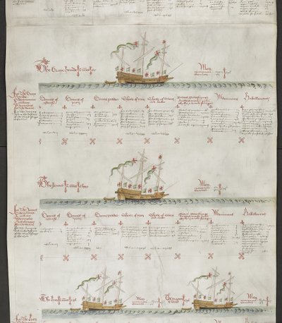 Přidat MS 22047 f.6r Galleasses: The Greyhound, The Jennet, The Lion and The Dragon, z 