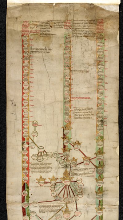 Další MS 18268 A, Genealogie Edwarda Čtvrtého z Anglie, ukazující jeho titul ke korunám Walesu, Francie a Anglie, ve třech liniích původu. od English School
