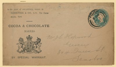 Štítek s adresou od Rowntree & Co, The Cocoa Works, York od English School