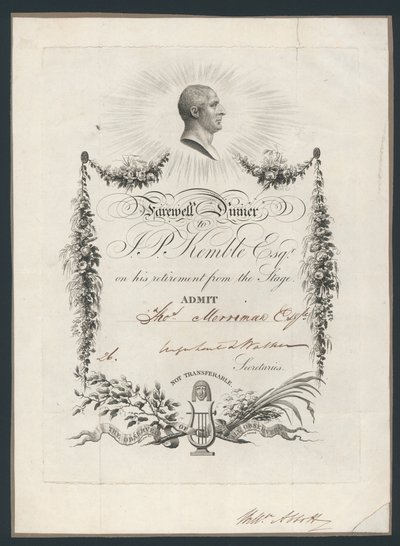 Vstupenka na večeři na oslavu rozloučení Johna Kemblese s jevištěm, 1819 od English School