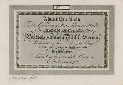 Vstupenka na výroční zahraniční biblickou společnost ve Freemasons Hall od English School
