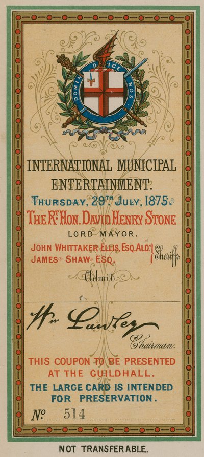 Vstupenka do International Municipal Entertainment v Guildhall, Londýn, 29. července 1875 od English School