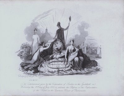 Vstupenka na zábavu v Guildhall poskytnutá společností Corporation of City of London na oslavu schválení zákona o velké reformě z roku 1832 sněmovnou (lept) od English School