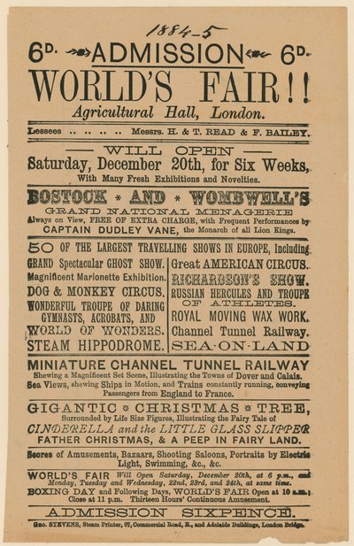 Vstupné na Worlds Fair, Agricultural Hall, Islington, 188485 od English School