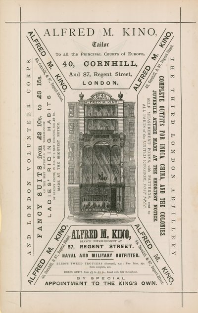 Reklama na Alfred M Kino, krejčí, 40 Cornhill a 87 Regent Street, Londýn od English School