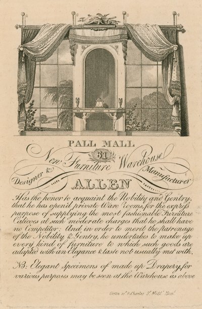 Reklama na nový sklad nábytku Allens, 61 Pall Mall, Londýn od English School