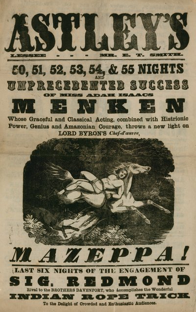Advert for Astleys Amphitheatre, London, s Mazeppou, v hlavní roli Adah Isaacs Menken od English School