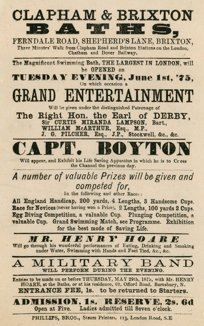 Reklama na lázně Clapham and Brixton Baths, Ferndale Road, Shepherds Lane, Brixton, Londýn; s kapitánem Boytonem od English School