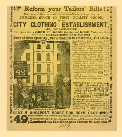 Inzerát firmy Doudney & Son, City Clothing Establishment, 49 Lombard Street, Londýn od English School