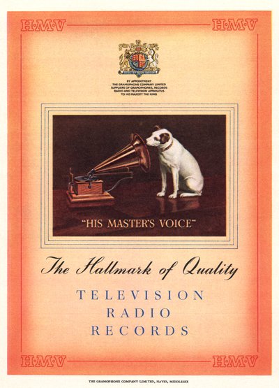 Advert for His Masters Voice, ilustrace z katalogu výstavy South Bank, Festival of Britain, Londýn, 1951 od English School
