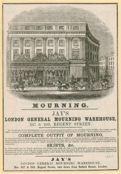 Reklama na Jays, London General Mourning Warehouse, 247 & 249 Regent Street, Londýn od English School