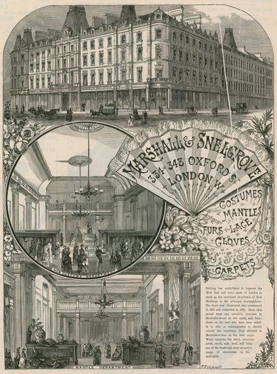 Reklama na Marshall & Snelgrove, Silk Mercers, Lacemen, Punčochové zboží, z Vere Street, Oxford Street, Londýn od English School
