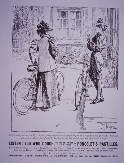 Reklama na Ponceletovy pastilky zobrazující ženy cyklistky, z nichž jedna má na sobě kalhotky od English School
