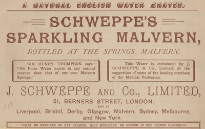 Reklama na Schweppes Sparkling Malvern, stáčené u pramenů, Malvern od English School