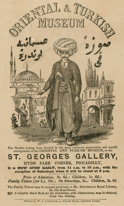 Reklama na Orientální a Turecké muzeum v St Georges Gallery, Hyde Park Corner, Piccadilly, Londýn od English School