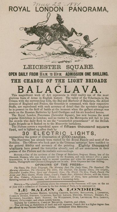 Reklama na Královské londýnské panoráma s velitelem lehké brigády v Balaclavě od English School