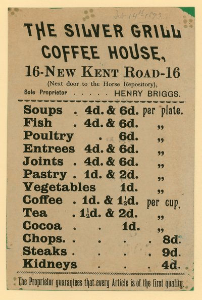 Reklama na The Silver Grill Coffee House, 16 New Kent Road, Londýn od English School