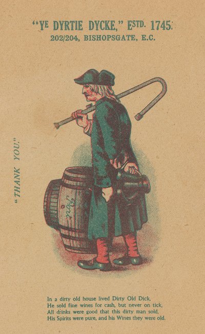 Reklama na Ye Dyrtie Dycke (Dirty Dick), 202-204 Bishopsgate, Londýn od English School