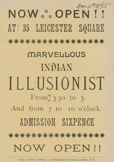 Reklama na indického iluzionistu vystupujícího na 35 Leicester Square v Londýně od English School
