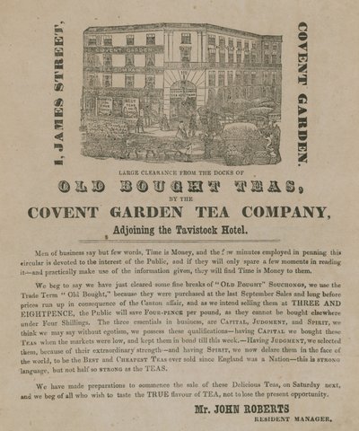 Reklama na staré koupené čaje od Covent Garden Tea Company od English School