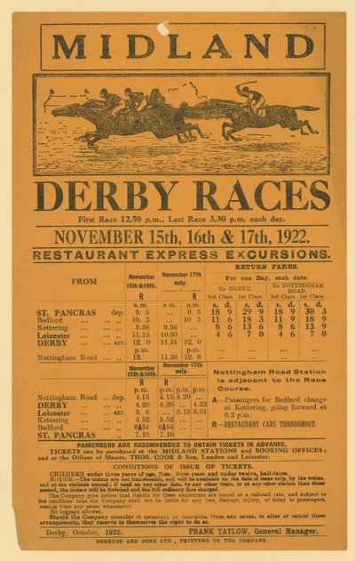 Inzerát na železniční exkurzi na závody Midland Derby, 15.–17. listopadu 1922 od English School