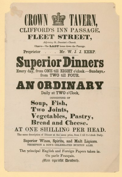 Reklama na Crown Tavern, Cliffords Inn Passage, Fleet Street, Londýn od English School