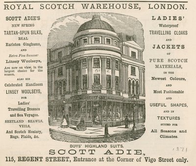 Reklama na Royal Scotch Warehouse, 115 Regent Street, Londýn od English School