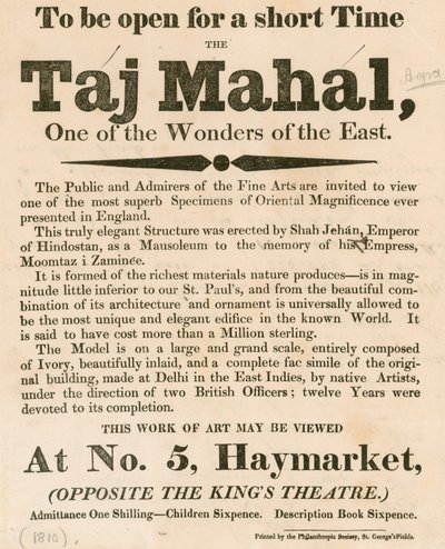 Reklama na výstavu modelu Taj Mahal na 5 Haymarket, Londýn od English School