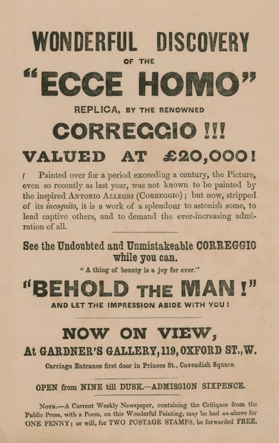 Reklama na výstavu repliky obrazu Ecce Homo od Correggia (Antonio Allegri) od English School