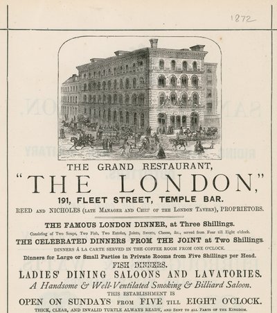 Reklama na velkolepou restauraci The London, 191 Fleet Street, Temple Bar od English School