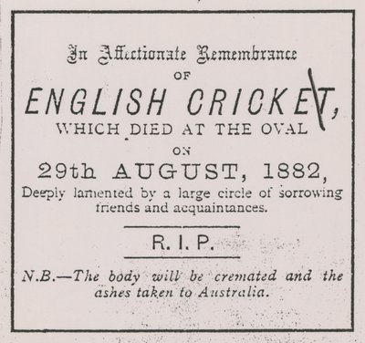 Reklama ze Sporting Times v srpnu 1882, která představila koncept The Ashes od English School