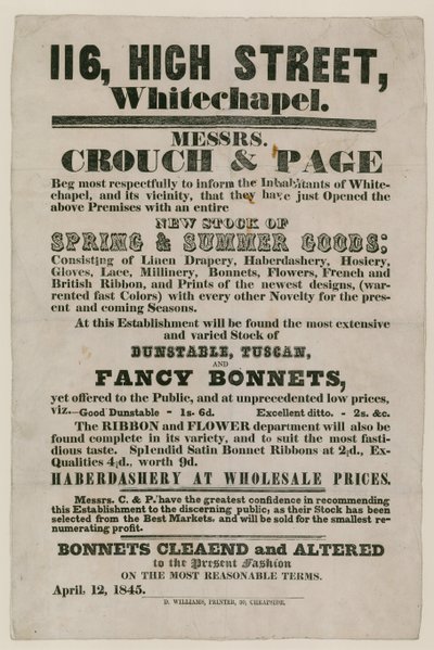 Reklama pro Crouch and Page, 116 High Street, Whitechapel od English School