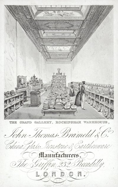 Reklama pro John Thomas Brameld and Co, výrobce porcelánu, skla, železného kamene a kameniny, Londýn od English School