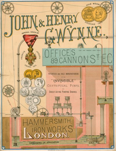 Reklama na firmu John and Henry Gwynne, 89 Cannon Street, Londýn, výrobce odstředivého čerpadla Invincible od English School