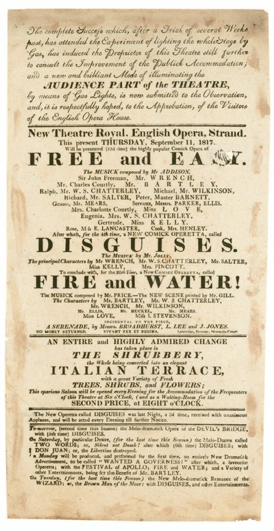 Reklama na New Theatre Royal, English Opera, Strand, Londýn, pro 11. září 1817, zmiňující plynové osvětlení od English School
