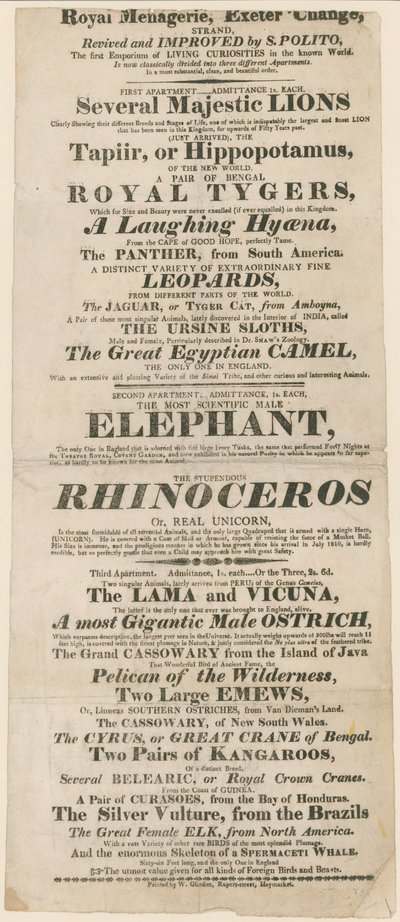 Reklama na Royal Menagerie, Exeter Change od English School