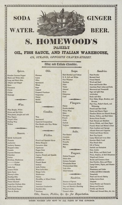 Reklama na olej S Homewoods, rybí omáčku a italský sklad od English School