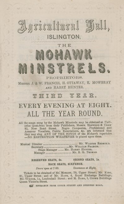 Reklama na The Mohawk Minstrels v Agricultural Hall od English School