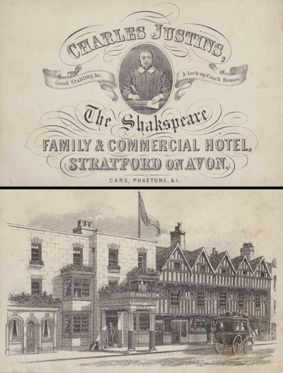 Reklama na hotel The Shakspeare, Stratford on Avon, Warwickshire (rytina) od English School