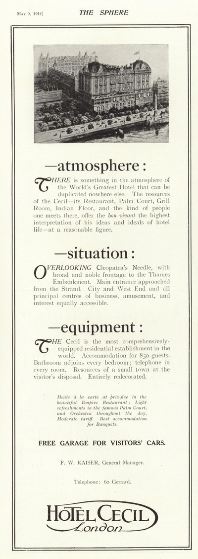 Reklama na Hotel Cecil, Londýn od English School