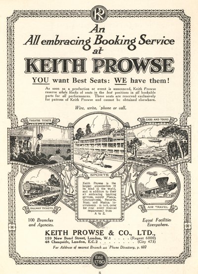 Reklama na služby rezervace vstupenek společnosti Keith Prowse & Co, Ltd (litho) od English School